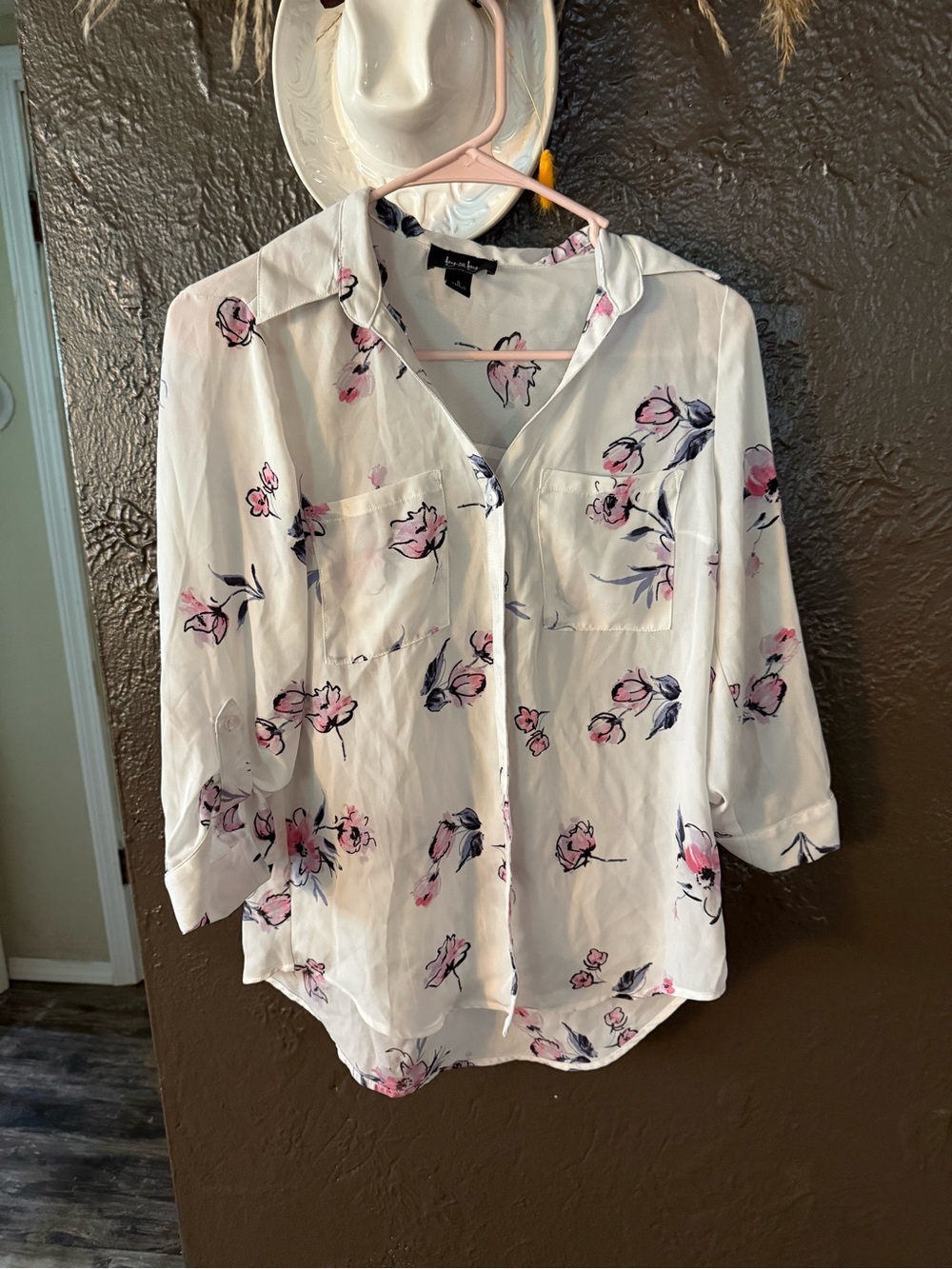 by & by White Floral Button-Up Blouse with Pink Accents